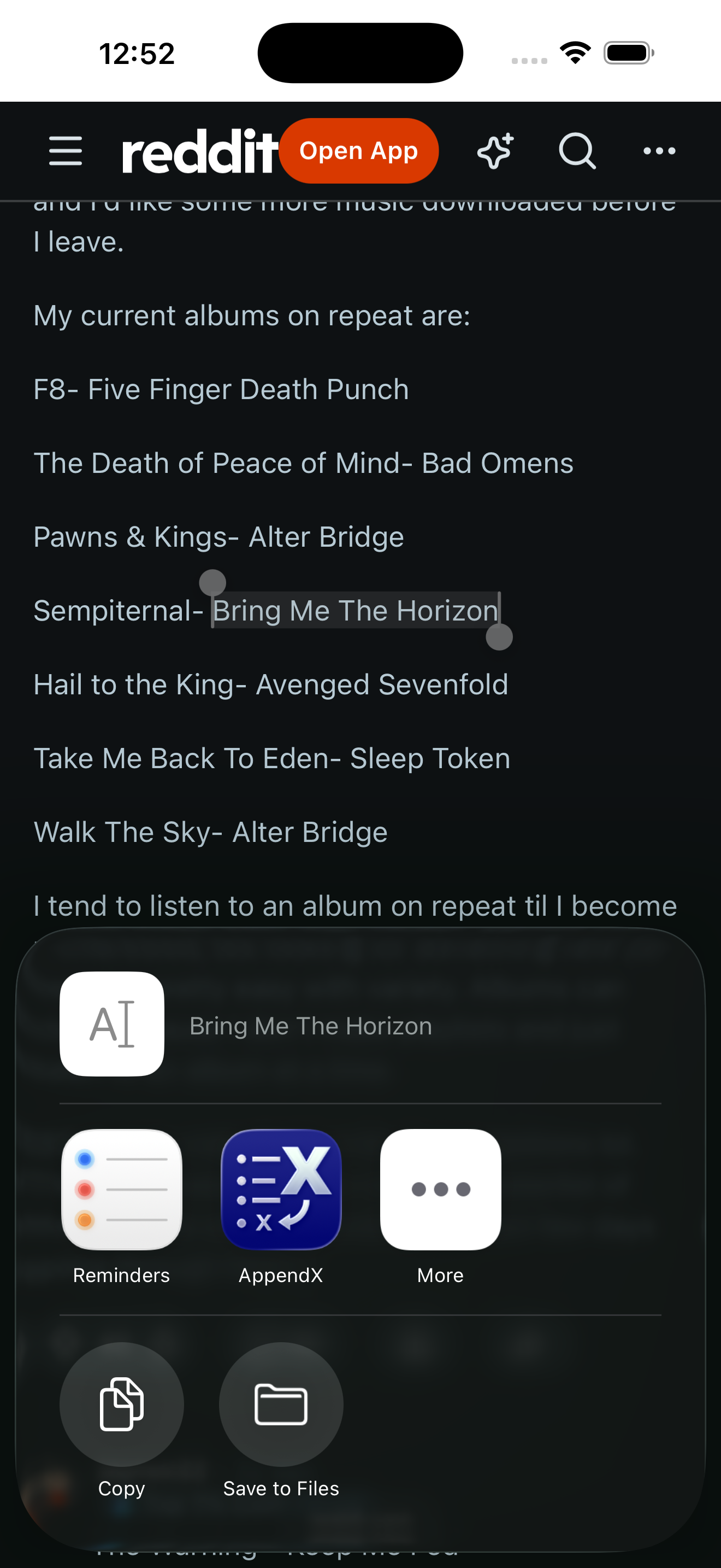Selected text in an app, with AppendX in the iOS share sheet