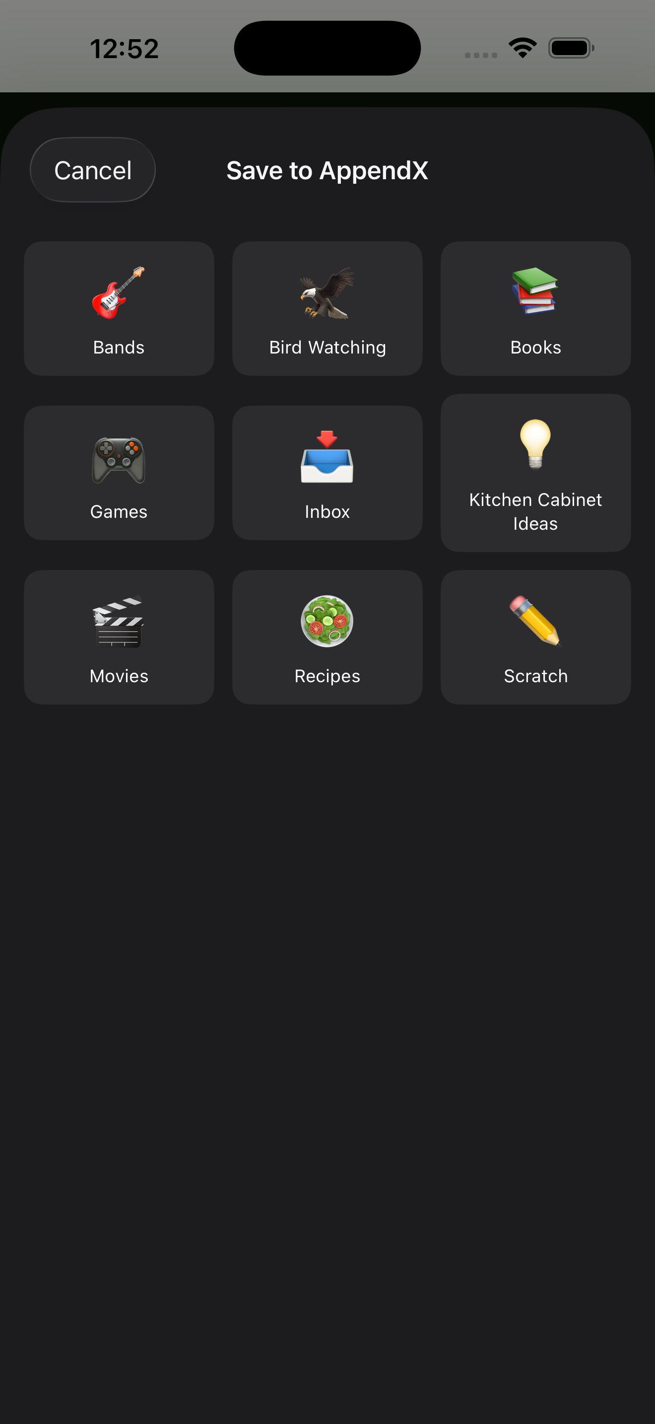 Target grid showing capture destinations like Bands, Books, and Recipes