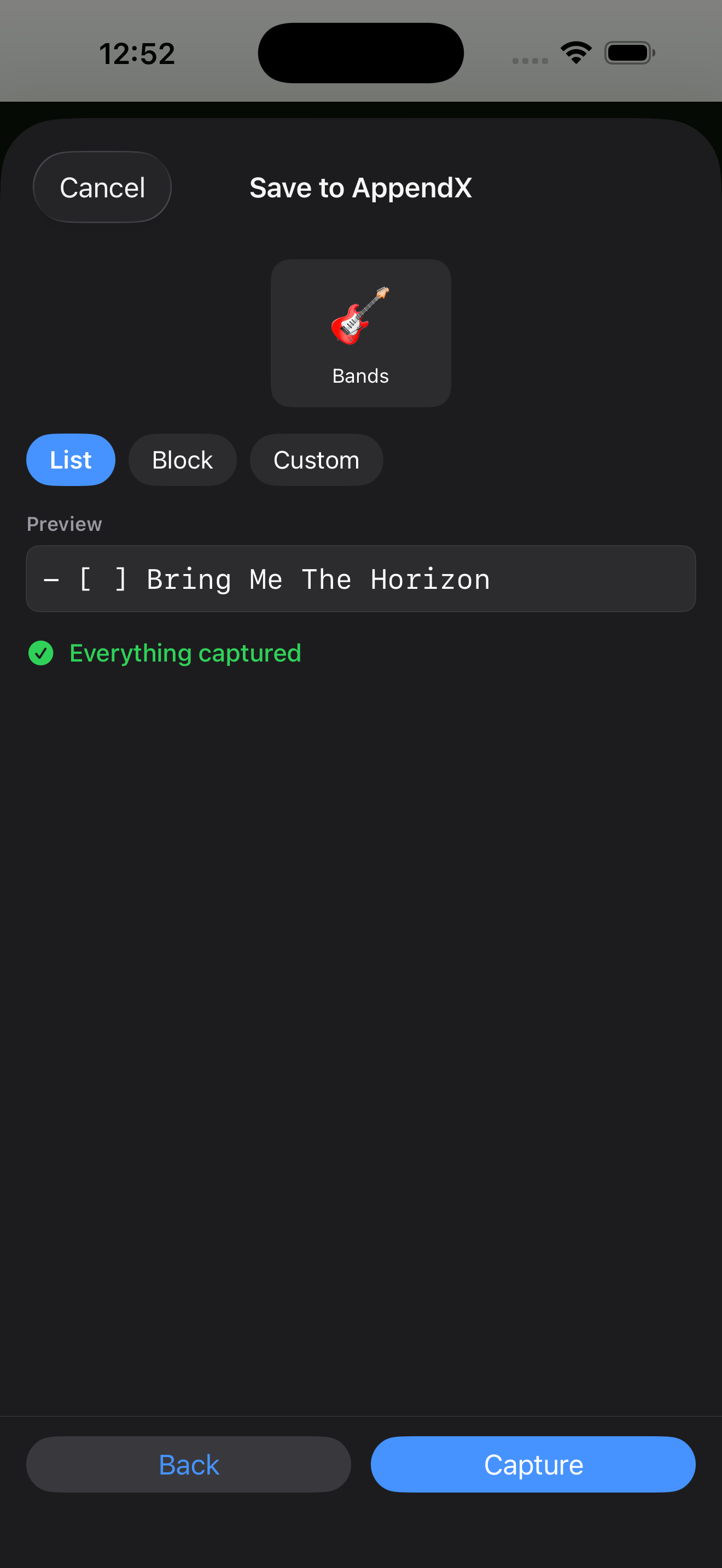 Live preview of the capture formatted as a markdown list item