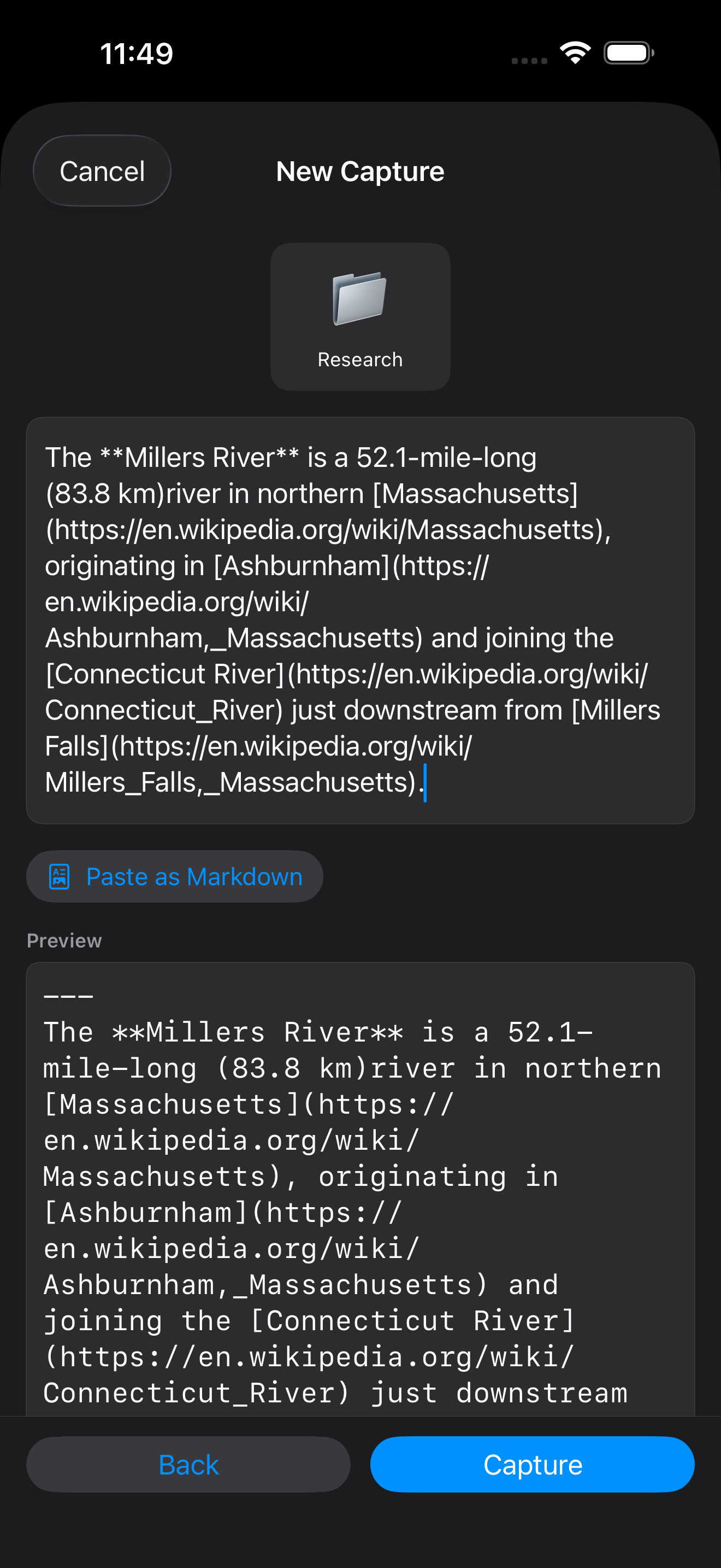 A screenshot showing rich text being pasted as markdown.